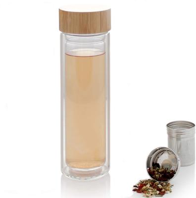 China Double Wall Fruit Infuser Bottle Viable Long Glass Infuser Bottle Travel Drinking Water Bottle With Long Bamboo Lid Infuser for sale