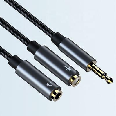 China Car 1M 2 In 1 3.5Mm Oxygen Free Copper Male To Female 2 Jack Speaker Aux Y Splitter Cable Gold Plated Audio Microphone Cable for sale