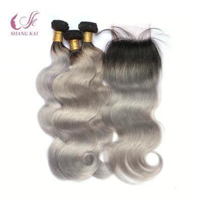 China Indian Body Wave Ombre 1B/Silver Hair Bundles With Closure for sale