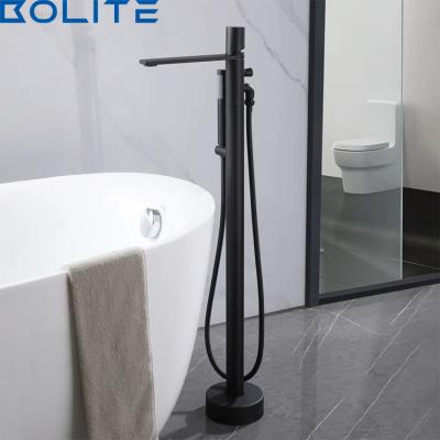 China Modern Brushed Black Floor Mounted Brass Single Handle With Manual Shower Faucet Freestanding Tub Faucet for sale