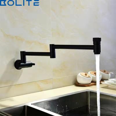 China Pull Out Spray Folding Telescopic Pot Mounted Faucet With Double Rocker Arm Joint Wall Mounted Black Kitchen Faucet for sale