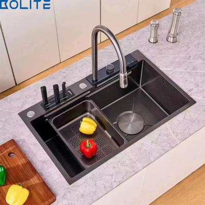 China With Faucet Customized Nano Gray Kitchen Sink Black Waterfall 304 Stainless Steel Dark Faucet Sales for sale