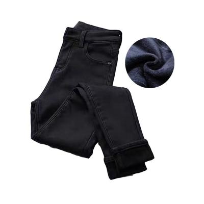 China Black Color Fade Proof High Elastic Skinny Stretch Slim Fit Jeans Black Color Thicken Warm Winter Fleece Jeans Women for sale