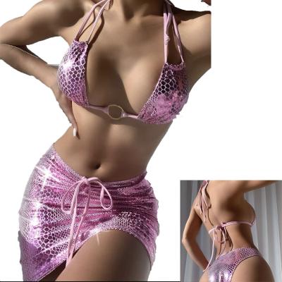 China Anti-Bacterial Ruiyi Hot sell shiny bikini 3 piece beach women swimwear bikini set beachwear cover ups for sale