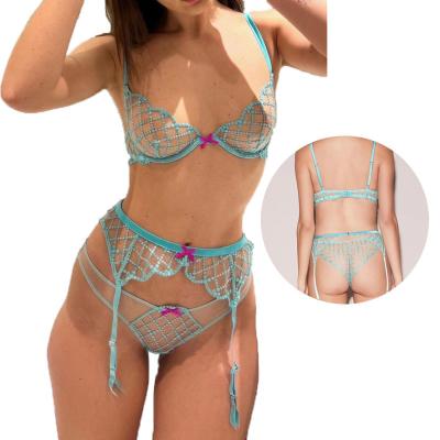 China Sets RUIYI Trendy Women's Three Piece Set Blue See Through Bra And Panty Set for sale