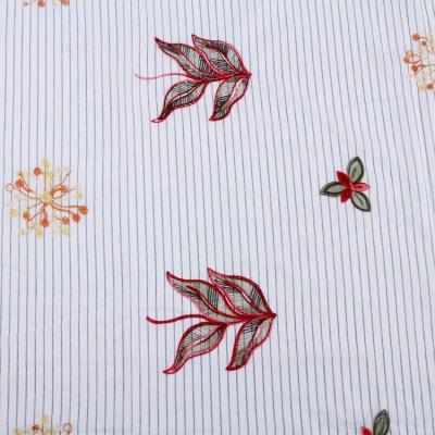 China White blue cotton yarn dyed striped pattern flower hand work embroidery fabric for dress for sale