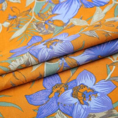 China 55% linen 45% cotton woven purple yellow flower china super digital print dress fabric for shirt for sale