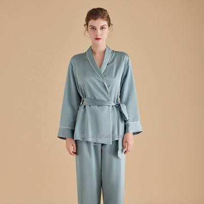 China Hot Selling Breathable 22MM 2 Piece Multicolor Satin Bordured Silk Pajamas With Belt Women's Sleepwear Set for sale