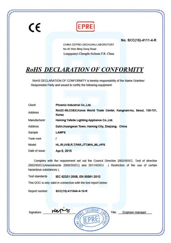 RoHS - Haining Yafeite Lighting Appliance Co., Ltd.