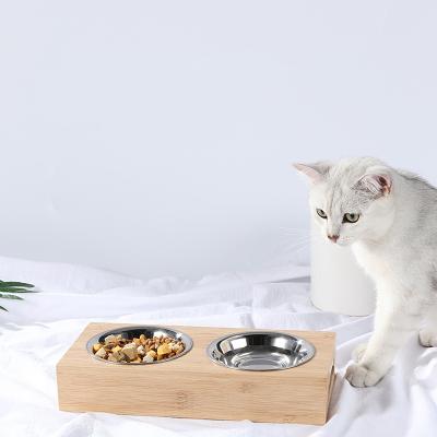 China Non-automatic Elevated Bamboo Pet Feeder With Small Stainless Steel Bowl Dog And Cat Pet Bowl for sale