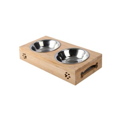 China Waterproof Puppy Cat Food Bowl Pet Supplies Stainless Steel Viable Wooden Bamboo Bowl Cavity Feeder for sale