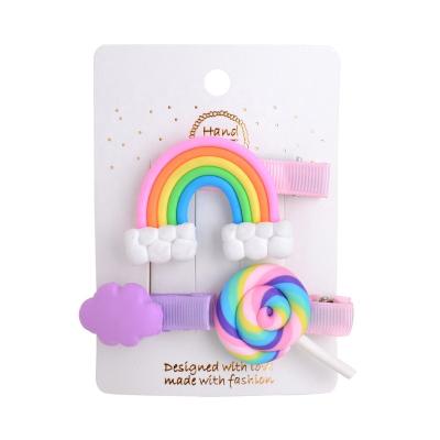 China Hair Decorations Baby Side Clip Polymer Clay Hairpin Set Sweet Rainbow Hair Grips For Kids Hair Strokes Cut for sale