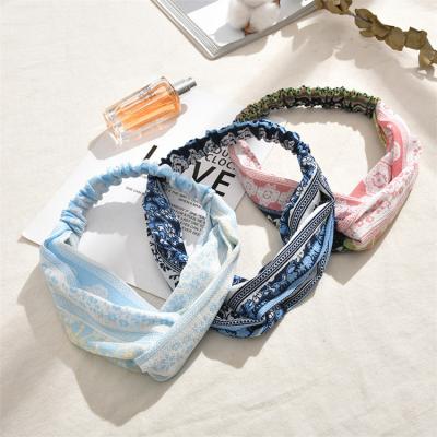 China Hair Ornaments Fashion Women Boho Girl Elastic Hair Band Cross Chiffon Floral Headband Crumpled Fabric Korea Hair Hoop Wholesale for sale