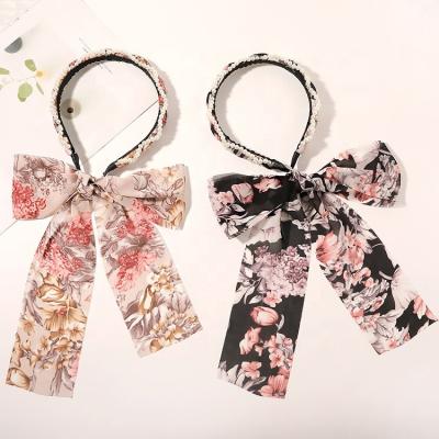 China Hair Ornaments Soft Bow Ribbon Bead Main Circle For Girl Lady Fabric Hair Band Pastoral Style Floral Hair Circle for sale