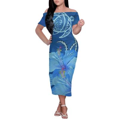 China Anti-Static Turtle Pattern Hibiscus Fashion Casual Clothing Custom Printing Polynesian Design Women Off-Shoulder Dresses for sale