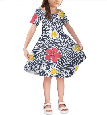 China Anti-wrinkle Blue Style Hawaii Girl Dress Floral Printed Custom Kids Dress Polynesian Tribal Casual Princess Samoa Little Girl Dresses for sale