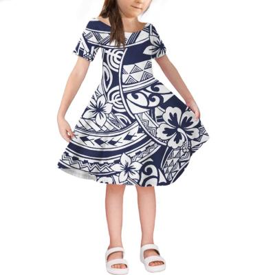 China 2021 Anti-wrinkle Polynesian Tribal Samoa Hawaii Flora Blue Style Printed Girl's Custom Kids Dress Casual Princess Little Girl Dresses for sale