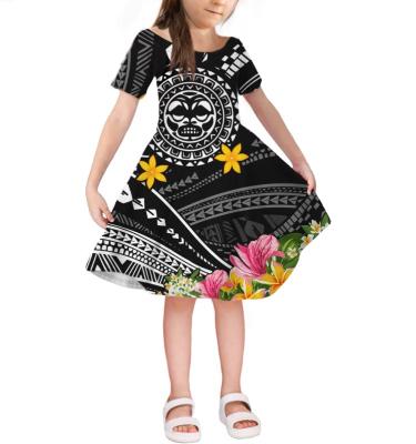 China Anti-wrinkle Black Style Hawaii Girl Dress Floral Printed Custom Kids Dress Polynesian Tribal Casual Princess Samoa Little Girl Dresses for sale