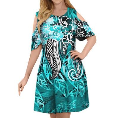 China Traditional Tribal Cyan Color Printed Women's Anti-Wrinkle Polynesia Samoa Hibiscus Off The Shoulder Short Sleeve Dress Ladies 2021 Custom Made for sale