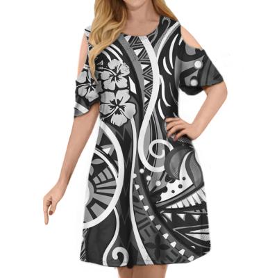 China Anti-wrinkle Polynesia Samoa Traditional Tribal Black Color Hibiscus Printed Women Off Shoulder Short Sleeve Dress Custom Made Ladies Dresses for sale