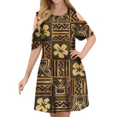 China Anti-Wrinkle Polynesia Samoa Fabric Yellow Tribal Style Printed Women's Vintage Off The Shoulder Tall Sleeve Waist Dress Custom Made Ladies Short Dress for sale