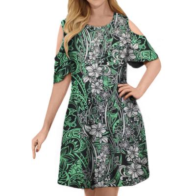 China Low MOQ Anti-Wrinkle Green Polynesia Samoa Tribal Hibiscus Style Print Women's Off The Shoulder Tall Waist Dress Custom Made Ladies Short Dress for sale