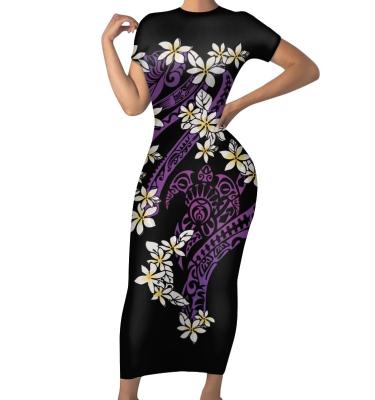 China Lady Dresses Polynesian Samoan Fashionable Pacific Tribal Print Clothing Custom Tight Fitted Short Sleeve Plumeria Anti-wrinkle Lady Dresses Polynesian Samoan Style Women Dress for sale