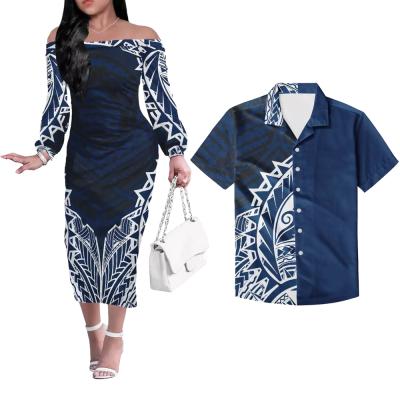 China New Arrival Anti-Static Large Size Women's Polynesian Samoan Tribe Girl Dress Customization Off The Shoulder Dress Match Shirt Couple 2 Sets for sale