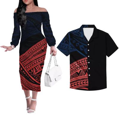 China Summer Anti-Static Polynesian Samoan Couples Tribe Design Printing Party Clothing Women 2 Pieces Off Shoulder Dresses Match Men Shirts for sale