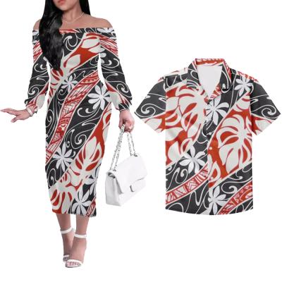 China Anti-Static Polynesian Samoan Tribe 2 Piece Couple Design Print Party Couple Apparel Women Off Shoulder Bodycon Dress Match Men Shirts for sale