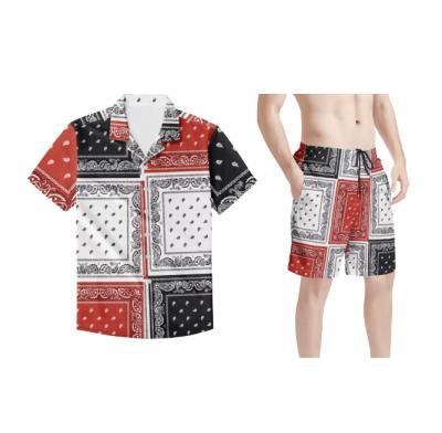 China Anti-pilling Black/White/Red Mens Beach Shorts And Shirts Set Custom Made Paisley Bandana Patchwork Print Clothing Mens Beach Wear Suit For Beach for sale