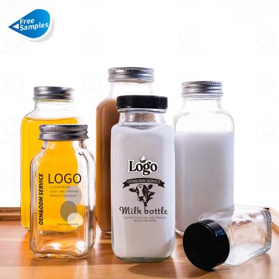 China Wholesale 180ml 250ml 300ml 350ml 500ml Beverage French Clear Glass Square Beverage Bottle For Juice Milk Coffee Tea With Screw Top for sale