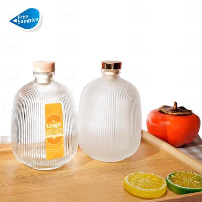 China Wholesale 500ml Beverage Liquor Bottle Clear Frosted Glass Unique Design For Fruit Wine Vodka Rum Whiskey Liquors With Cork for sale