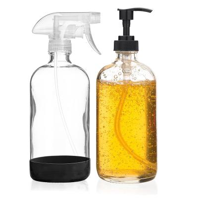 China Hot Personal Care Shot Boston Glass Bottle 8oz 16oz Clear Amber Empty Lotion Hand Soap Dispenser Boston Glass Bottle With Pump for sale