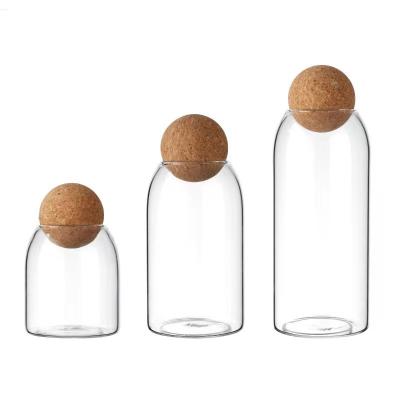 China Hot Sale 500ml 800ml 1200ml Food Storage Jar Glass Ball Cork High Borosilicate Glass Storage Container With Spherical Cork Lid for sale