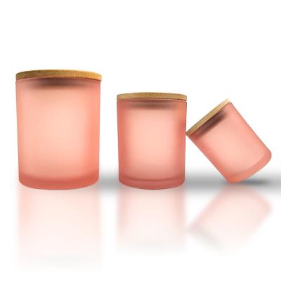 China Gift & Craft Hot Sale 7oz 10oz 13oz Pink Frosted Glass Candle Jars With Bamboo Lid For Home Direction And Gift for sale