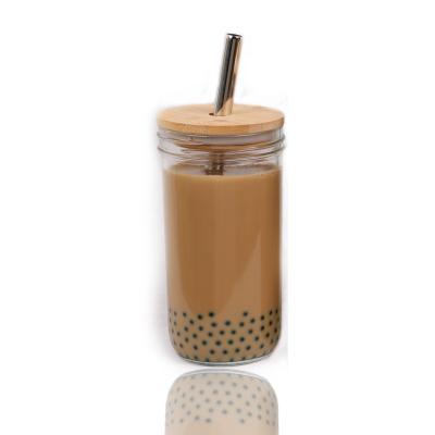 China Reusable Wide Mouth Beverage Smoothie Boba Bubble Tea Cup 24oz Iced Coffee Mason Jar With Bamboo Lid for sale