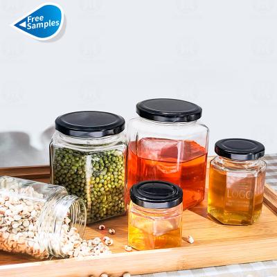 China Food Multy Capacity Hexagon Thickened Transparent Lids Honey Jars With Sealed Metal Glass Food Storage Jars for sale