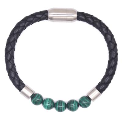 China FASHIONABLE Drop Shipping New Fashion Nature Malachite Stone Wholesale Cheap Leather Men's Leather Bracelet for sale