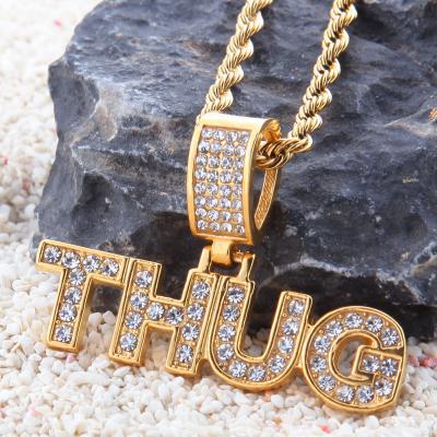 China New Fashion TRENDY Gold Plated Necklace Micro Pave Simulated Diamond Letters Thug Pendant Necklace For Men for sale