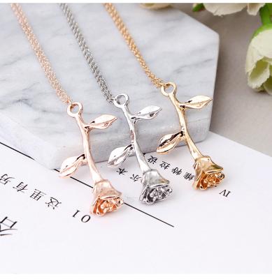 China New TRENDY Jewelry Vintage Delicate Flower Branch Rose Flower Pendant Necklace for sale