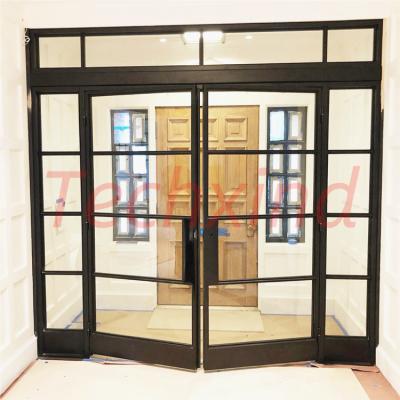 China Waterproof Steel Pivot Front Iron Entry Glass Gate Internal Black Double Doors Design for sale