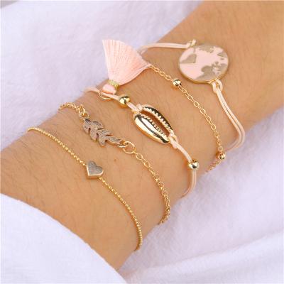 China Hot Selling 5pcs Cute Set Pink Leaf Shell Tassel Girly Heart Bracelet Love Heart Bracelet for sale