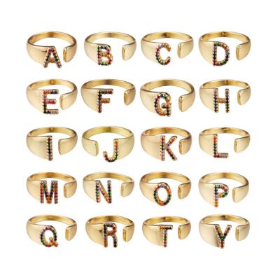 China Dropshipping TRENDY 18K Real Gold Plated Rings Rainbow 26 Initial Letter Open Adjustable Rings For Women Men for sale