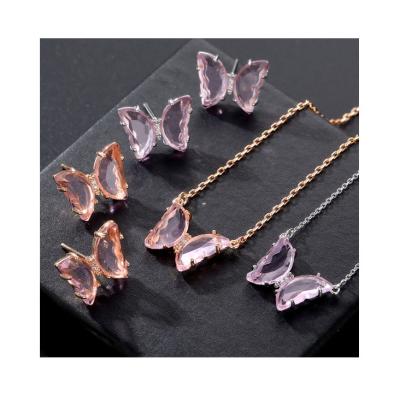 China TRENDY Clear Crystal Butterfly Necklace Earrings Environmental 3 Time Plated Prevent Allergy Women Girl Children Jewelry Sets for sale