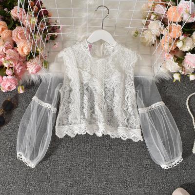 China Autumn New Women's CUBEAR Hollow Crop Tops Breathable Korean Mesh Gauze Rocket Sleeve Lace Crop Top for sale