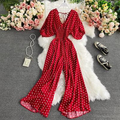 China CUBEAR Polka Dot Pattern Batwing Sleeve V-Neck Tie Back Smocked Waist Overalls QUICK DRY For Women for sale