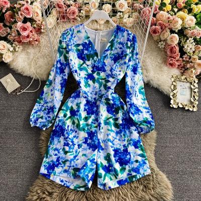 China CUBEAR CBYR0010 vintage style long sleeve v-neck high waist blue floral women romper short jumpsuit romper jumpsuit for sale