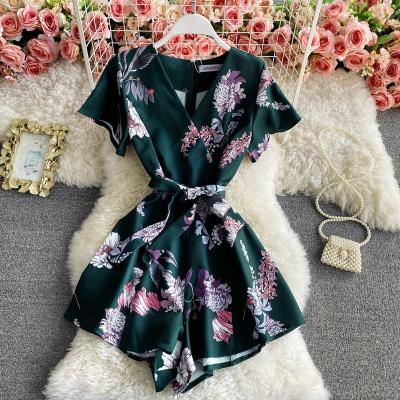 China CUBEAR CBYR0002 CUBEAR CBYR0002 Vintage Style Color Pattern Short Sleeve Self V-Neck Belt Multi Floral Women High Waisted Rompers QUICK DRY Short Jumpsuit for sale