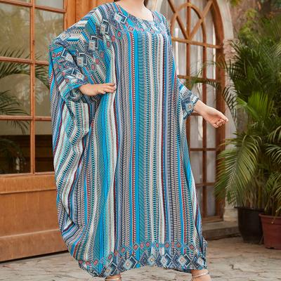 China Stripe Printed Bat Color YHM0074 Anti-Static Large Size Loose Sleeve Maxi Dress Long Sleeve Women's Dress for sale